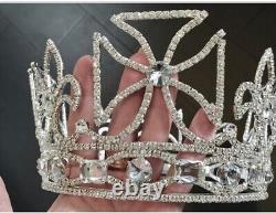 Royal King Crown Mens Crystal Silver Plated Prince Crowns Tiaras Full round