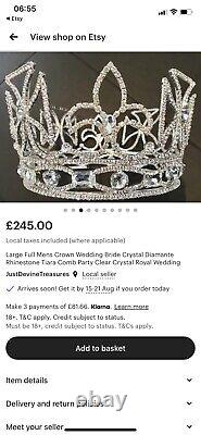 Royal King Crown Mens Crystal Silver Plated Prince Crowns Tiaras Full round